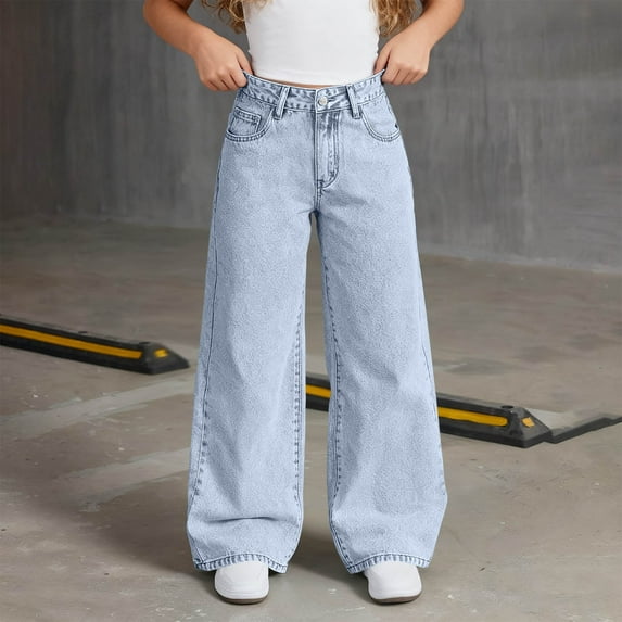 ATOGUTA Girls Wide Leg Jeans Bow Embroidered Straight Leg Baggy Jeans Elastic High Waist Denim Pants Size 6-15, Blue