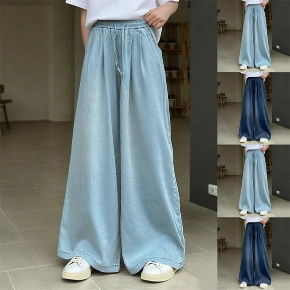 ATOGUTA Girls Wide Leg Jeans Size 5T-15 Kids High Waisted Wide Leg Demin Pants Stretch Long Pants with Pockets Blue