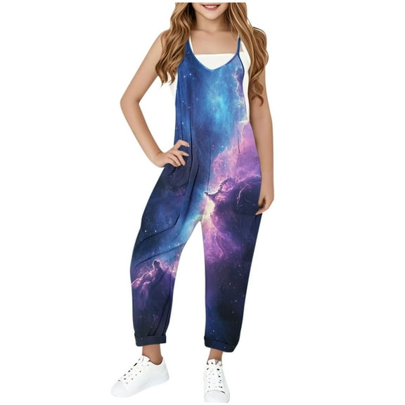 ATOGUTA Girls Wide Leg Jumpsuit Size 5T-14 Kids Casual Sleeveless Jumpsuits Long Pants Rompers with Pockets Blue