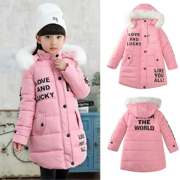 ATOGUTA Girls Winter Coat Letter Cute Thick Hooded Zipper Jacket Coat Clothes Pink, Size 4T-14