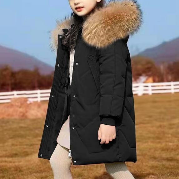 ATOGUTA Girls Zip Up Puffer Jacket Long Parka Warm Hooded Puffer Ski Jacket Coat Black, Size 8-14