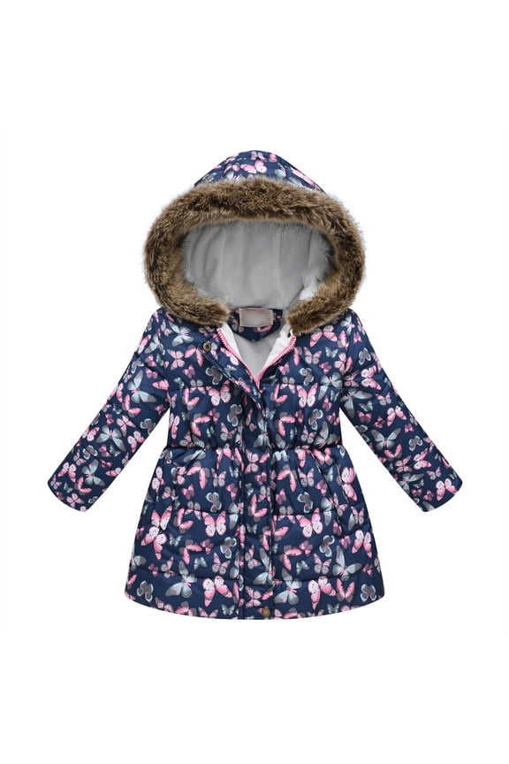 Girls Zip Up Puffer Jacket Snow Parka Fuzzy Fur Lining Hood Water-Resistant Long Jacket Navy, Size 2T-11