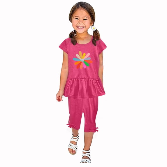 ATOGUTA Hawaiian Outfit for Girls Size 1T-10 Short Sleeved Ruffle Tops and Elastic Waist Cropped Pants Set Hot Pink