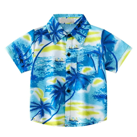 ATOGUTA Hawaiian Shirts for Boys Short Sleeve Button Down Shirt Summer Beach Shirts for Kids Blue, Sizes 2T-12