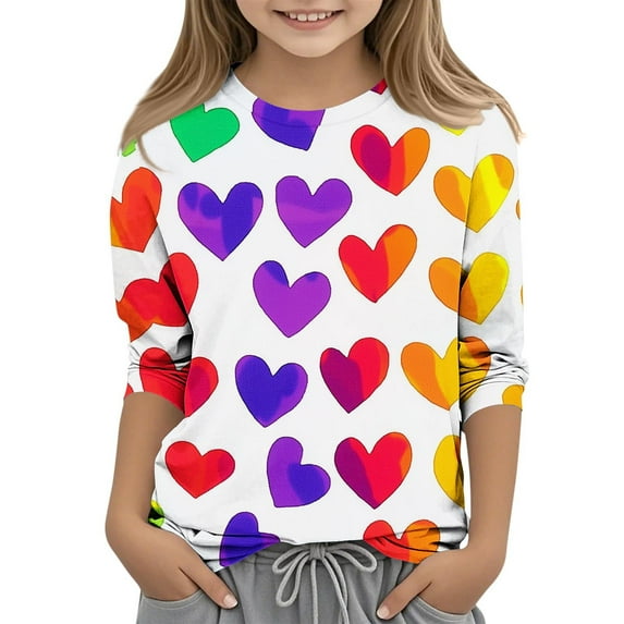 ATOGUTA Heart Graphic T Shirt Girl Kids Heart Printed Valentine's Festival Outfit 3/4 Sleeve VDAY Tops Size 3T-12, Purple