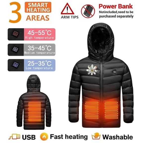 ATOGUTA Heated Jackets for Boys Outwear USB Heated Rechargeable Heating Down Hooded Coat Size 4T-15, Black