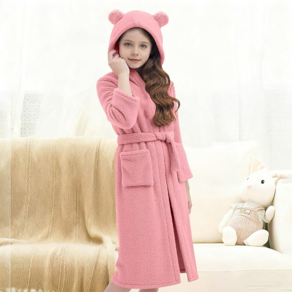 ATOGUTA Hooded Bathrobe for Girls Kids Boys Fleece Robe Hooded Soft Warm Bathrobes Pajamas Sleepwear for Children Size 5T-15, Pink
