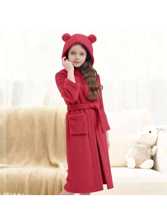 Hooded Bathrobe for Girls Kids Boys Fleece Robe Hooded Soft Warm Bathrobes Pajamas Sleepwear for Children Size 5T-15, Red