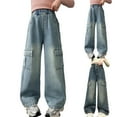 thumbnail image 1 of ATOGUTA Jean Pants for Girls Kids Elastic Waist Wide Leg Denim Cargo Pants with Pockets Size 5T-15, Light Blue, 1 of 6