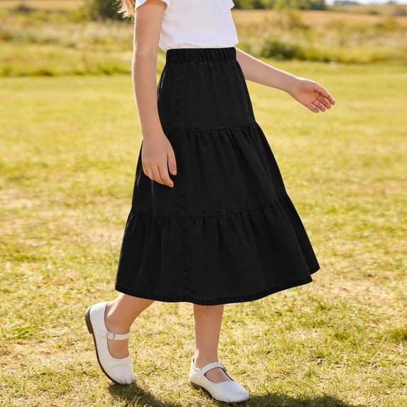 ATOGUTA Jean Skirts for Girls Black Elastic Waist Boho Flowy A-Line Denim Midi Skirt Casual Summer Clothes for Girls 4T-15