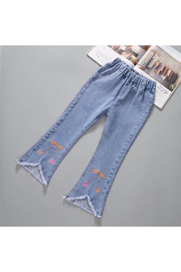 Jeans Girls Distressed Embroidered Jeans Denim Pants Light Blue, Size 3T-14
