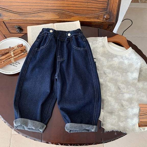 ATOGUTA Jeans for Boys Wide Leg Demin Pants Casual Baggy Long Pants with Pockets Size 1T-12, Dark Blue