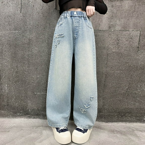 ATOGUTA Jeans for Girls Wide Leg Cute Teen Denim Pants Junior Elastic Band with Pockets Casual Clothes Size 5T-15, Blue