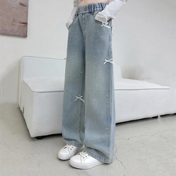 ATOGUTA Jeans for Kids Girls Size 5T-15 Kids High Waisted Wide Leg Demin Pants Stretch Long Pants with Pockets Blue