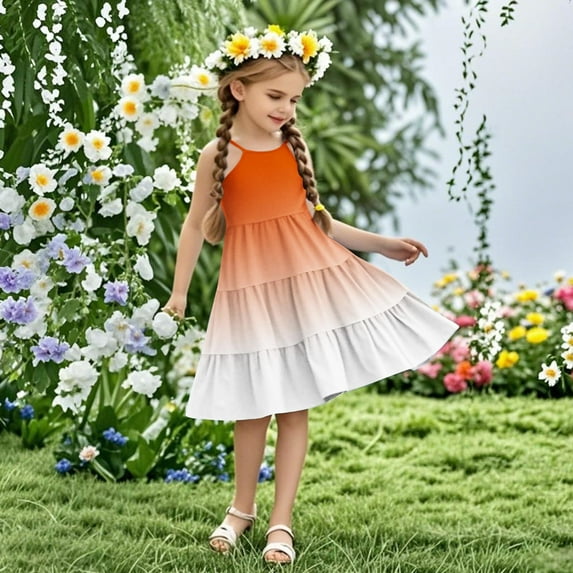 ATOGUTA Kid Dresses Sleeveless Summer Cami Dress Kids Casual Crewneck Loose Beach Dresses Size 4T-14, Orange