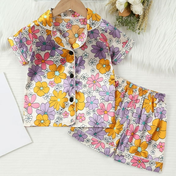 ATOGUTA Kid Homewear Set 1T-8 Cute Graphic Button Down Short Sleeve Shirts And Shorts Outfits Stain Homewear Multicolor