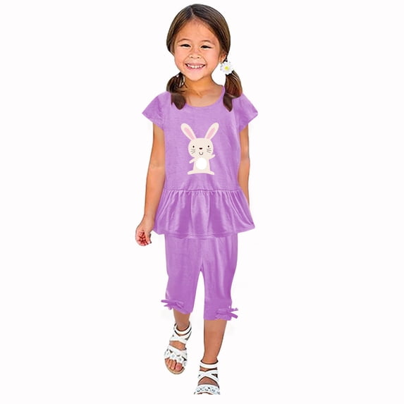 ATOGUTA Kid Outfits Size 1T-10 Short Sleeved Ruffle Tops and Elastic Waist Cropped Pants Set Purple