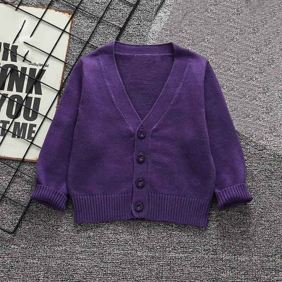 ATOGUTA Kids Boy Girl School Uniform Cardigan Sweaters V-Neck Basic Solid Button Knitted Cardigan Purple, Size 4T-16