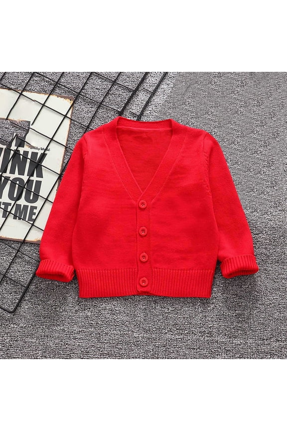 Kids Boy Girl School Uniform Cardigan Sweaters V-Neck Basic Solid Button Knitted Cardigan Red, Size 4T-16