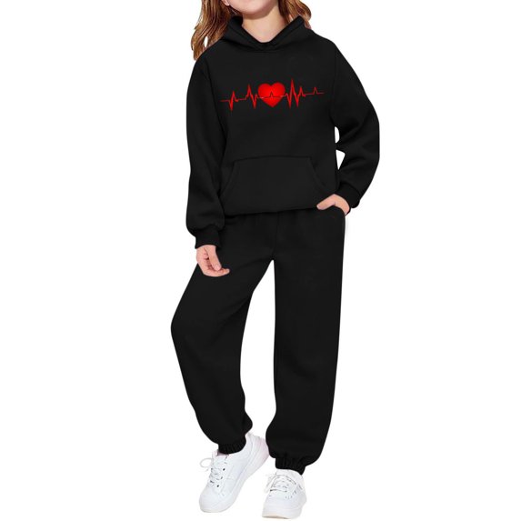 ATOGUTA Kids Clothing Girls Set Valentine's Day Sweatsuits Pant Set Long Sleeve Athletic Sweatshirts and Sweatpants with Pockets Size 2T-13, Black