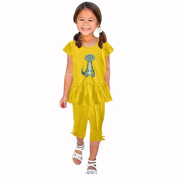 ATOGUTA Kids Clothing Sets Size 1T-10 Short Sleeved Ruffle Tops and Elastic Waist Cropped Pants Set Yellow