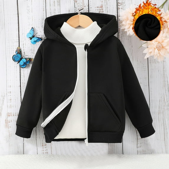 ATOGUTA Kids Coats Boys Girls Plush Warm Long Sleeved Casual Sports Tracksuits Hooded Coat Black, Size 4T-8