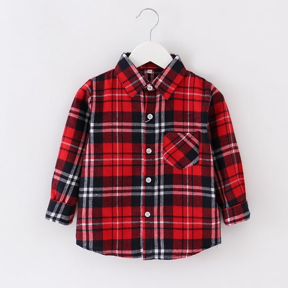 ATOGUTA Kids Coats Boys Winter Flannel Plaid Shirts Kids Cotton Long Sleeve Button Down Shirt Red, Size 1T-10
