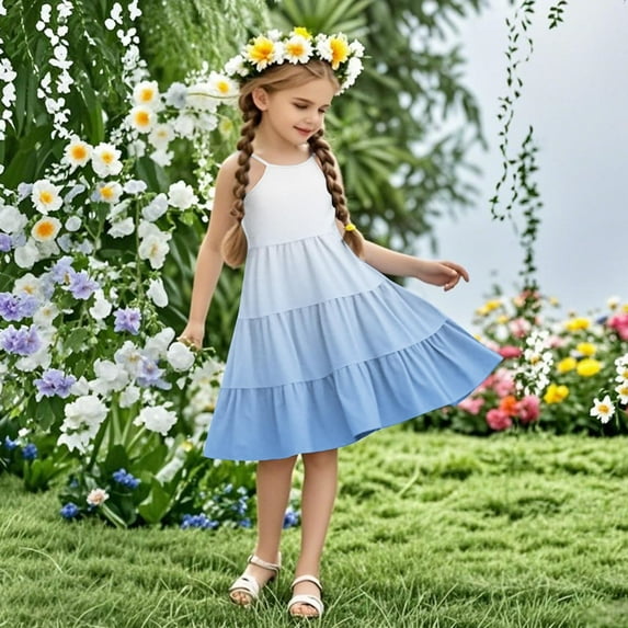 ATOGUTA Kids Dress Clothes for Play Sleeveless Summer Cami Dress Kids Casual Crewneck Loose Beach Dresses Size 4T-14, Blue