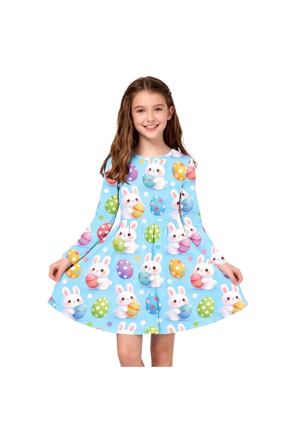 Kids Dress Long Sleeve Easter Dresses Girl Long Midi Springs Dress Kids Smocked Flare Summer Dress Size 4T-14. Sky Blue