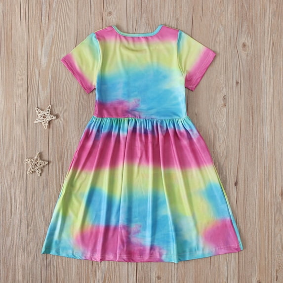 ATOGUTA Kids Dress Short Sleeve Color Tie-dye A-line Dress, Sizes 4T-9