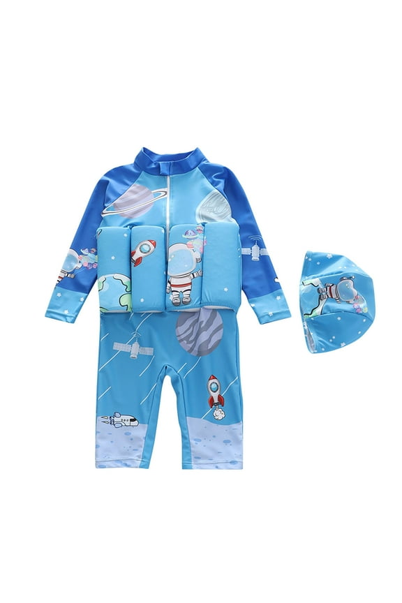 Kids Girl Boy Floatation Swimsuit with 8 Adjustable Buoyancy Baby Float Suit One Piece Swimwear Bathing Suit with Swim Cap Blue, Size 6M-2T
