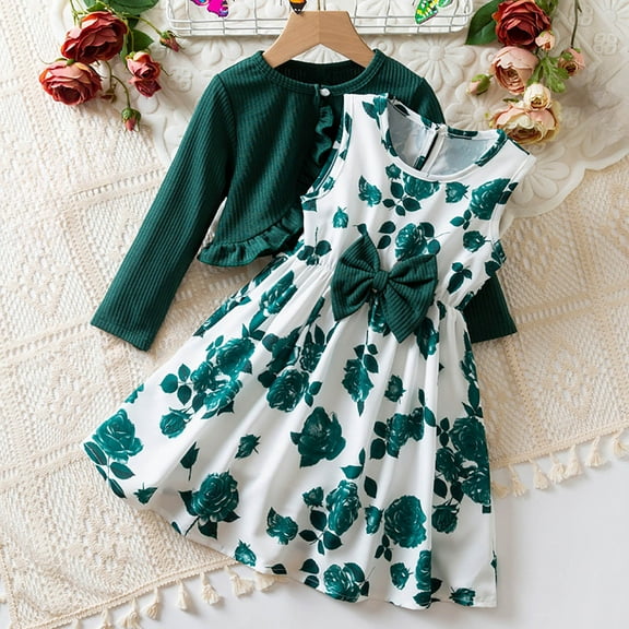 ATOGUTA Kids Girl Clothes Knitted Cardigan and Sleeveless Floral Princess Dress Size 2T-7, Green