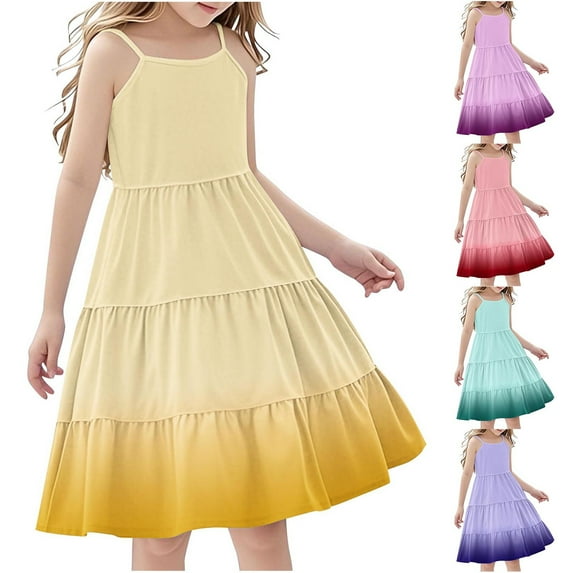 ATOGUTA Kids Girls Dresses Sleeveless Summer Cami Dress Kids Casual Crewneck Loose Beach Dresses Size 4T-14, Yellow