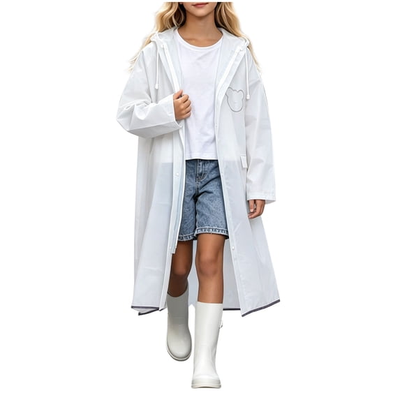 ATOGUTA Kids Hooded Raincoat Lightweight Raincoat Waterproof with Hood Protective Poncho Jacket Pockets White