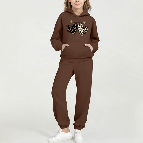 ATOGUTA Kids Outfits Girls Tracksuit Drop Shoulder Hoodie Sweatshirt and Sweatpants Joggers Set with Pockets Size 2T-14, Brown
