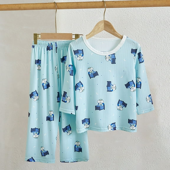 ATOGUTA Kids Pajamas Set 2T-16 2 Piece Long Sleeve Sleepwear Summer Soft Cute Pjs Outfits Light Blue