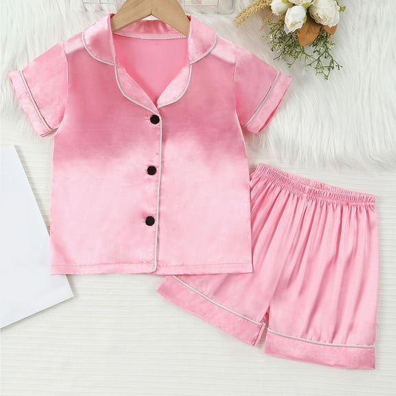 ATOGUTA Kids Pajamas Set Boys Girls 1T-8 Casual Button Down Short Sleeve Shirts And Shorts Outfits Stain Homewear Pink