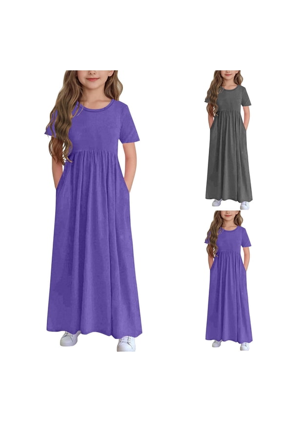 Kids Prom Dresses A-line Dress with Pockets Sundress Casual Dress for Holiday Party Back to School Summer Size 4T-15, Purple