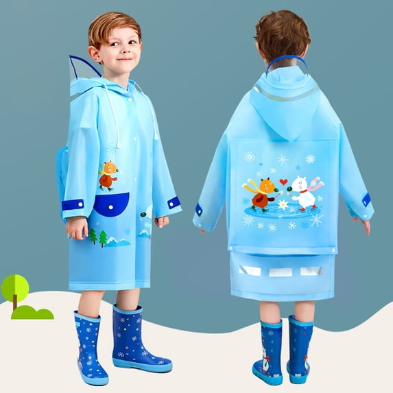 ATOGUTA Kids Rain Wear with Schoolbag Place Hooded Rain Ponchos Windbreaker Dinosaur School Raincoat Blue, Sizes 3T-12
