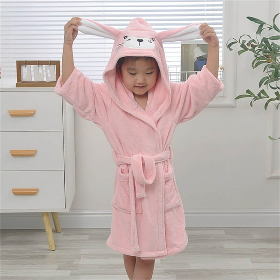 ATOGUTA Kids Robe Hooded Bathrobe Unisex Long Sleeve Robes with Belt Wearable Fleece Blanket Boys Girls Flannel Clothes Pink, Size 4T-14