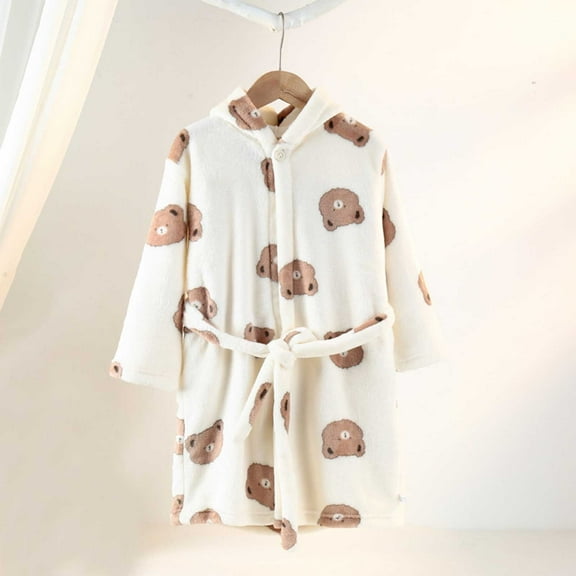 ATOGUTA Kids Robes for Girls Boys Hooded Bathrobe Unisex Long Sleeve Robes with Belt Wearable Fleece Blanket Boys Girls Flannel Clothes White, Size 5T-14