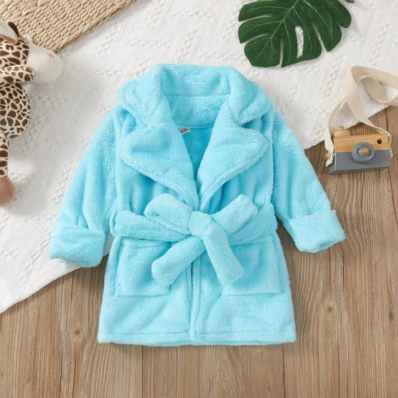 ATOGUTA Kids Robes for Boys Girls Shawl Collar Robe Fleece Robes Soft Flannel Robe for Kids Warm Fuzzy Bathrobe Blue, Size 1T-7
