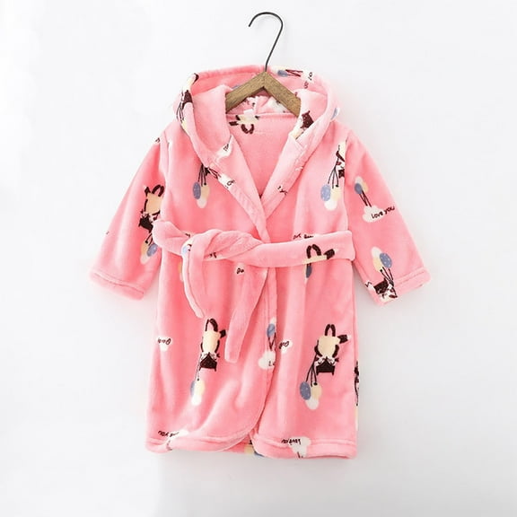 ATOGUTA Kids Robes for Girls Boys Winter Fleece Night Robes Kids Flannel Long Sleeve Hooded Bath Robe Warm Pajamas Pink, Size 1T-8