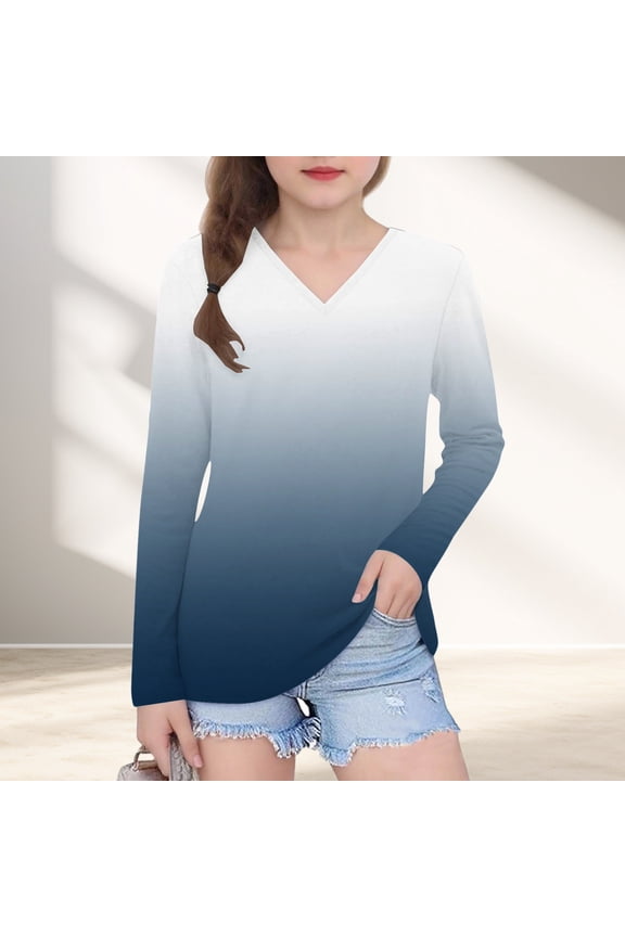 Kids Shirts Girls Long Sleeve Shirts Kids V Neck Soft Tunic Tops Size 3T-14, Navy