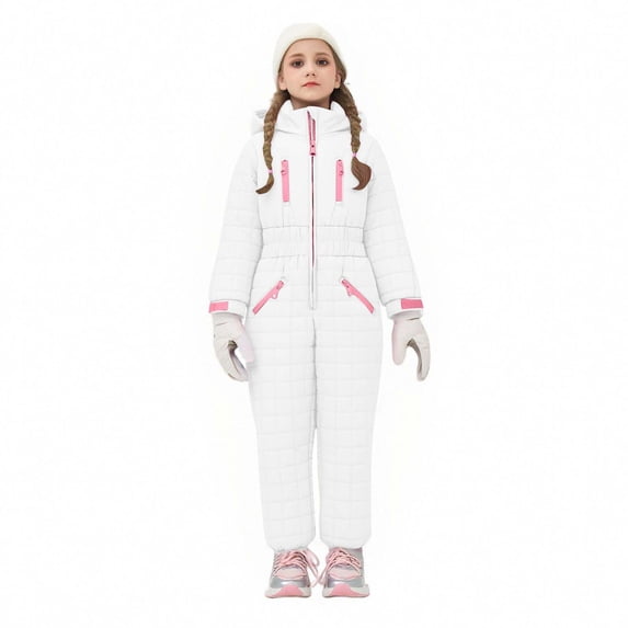 ATOGUTA Kids Snow Suit Boys Girls Lightweight Insulated Ski Suit Windproof Hooded Snowsuit Size 5T-16, White