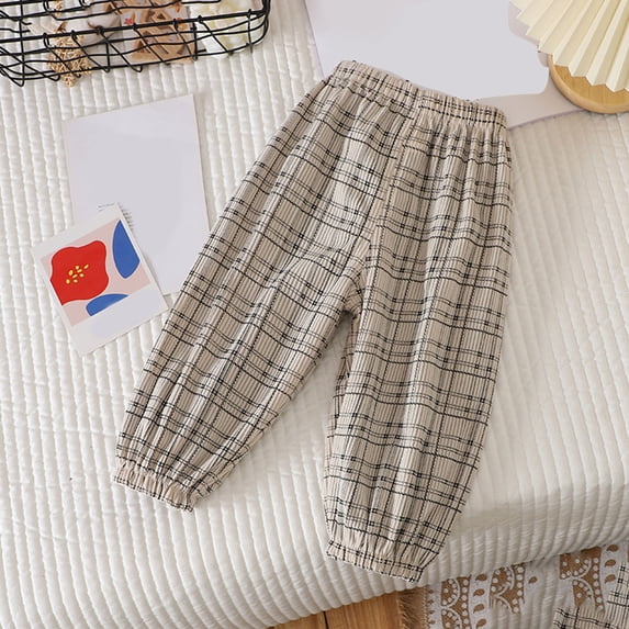 ATOGUTA Kids Sweatpants Pull Up Loose Gingham Boys Girls Pants Beige, Size 1T-7