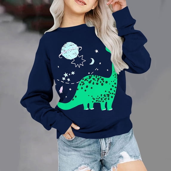 ATOGUTA Kids Sweatshirt 1T-11 Dinosaurs Graphic Round Neck Long Sleeve Drop Shoulder Pullover Shirts Navy