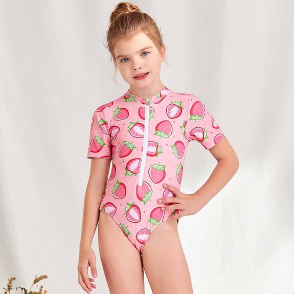 ATOGUTA Kids Swimsuits Girls Flower Print Short Sleeve Surfing One-piece Swimsuit Bathing Suit Swimming Suit Pink, Sizes 8-14