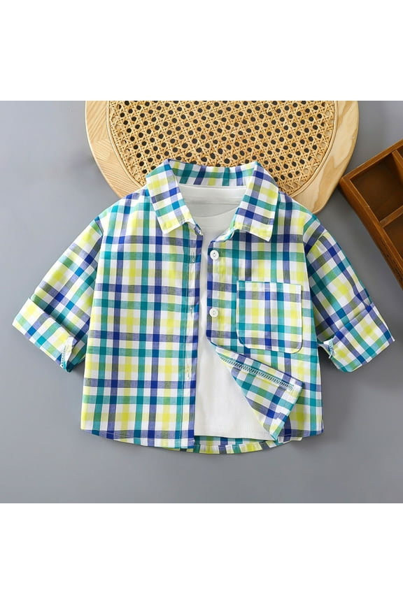 Kids T Shirts for Boys Kids Casual Short Sleeve Western Pearl Snap Button Plaid Shirt, 1-11 Years