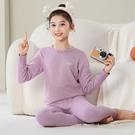 ATOGUTA Kids Thermal Underwear Set Long Thermal Underwear Fleece Lined Base Layer Set for Boys Girls Size 2T-18, Purple